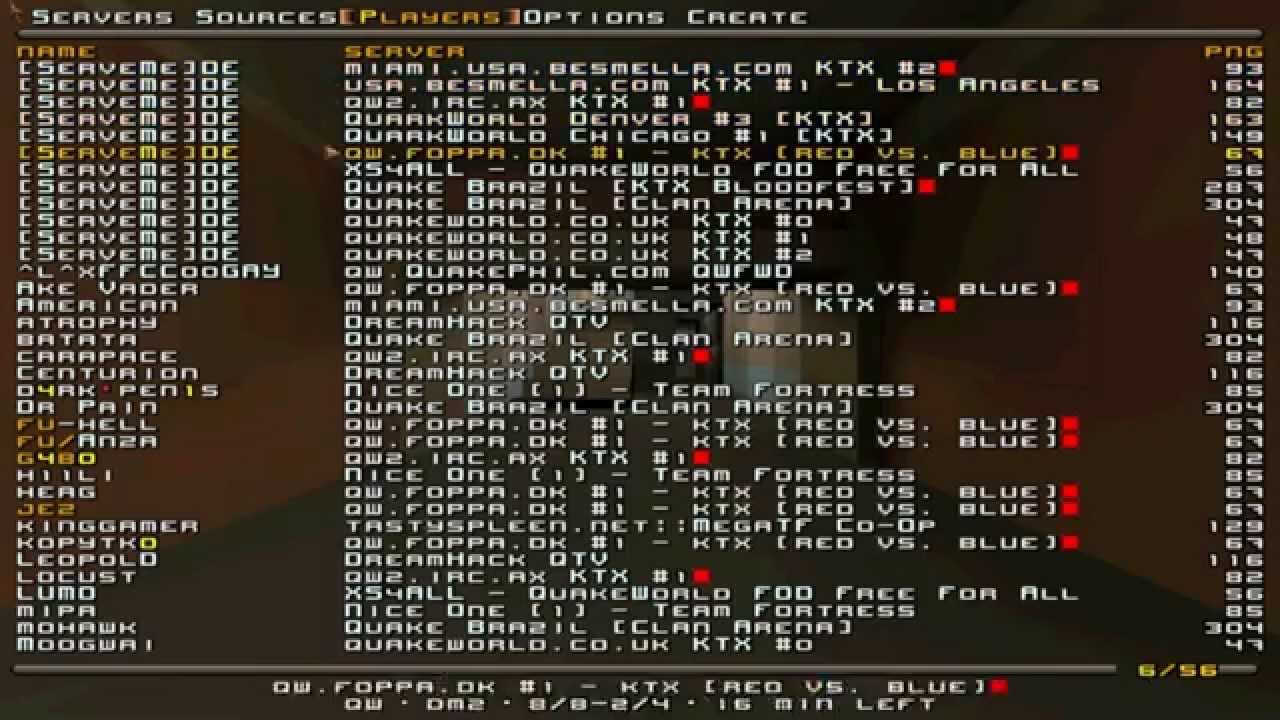 Historical screenshot of early Quake server browser from 1996 showing the origins of dedicated game hosting